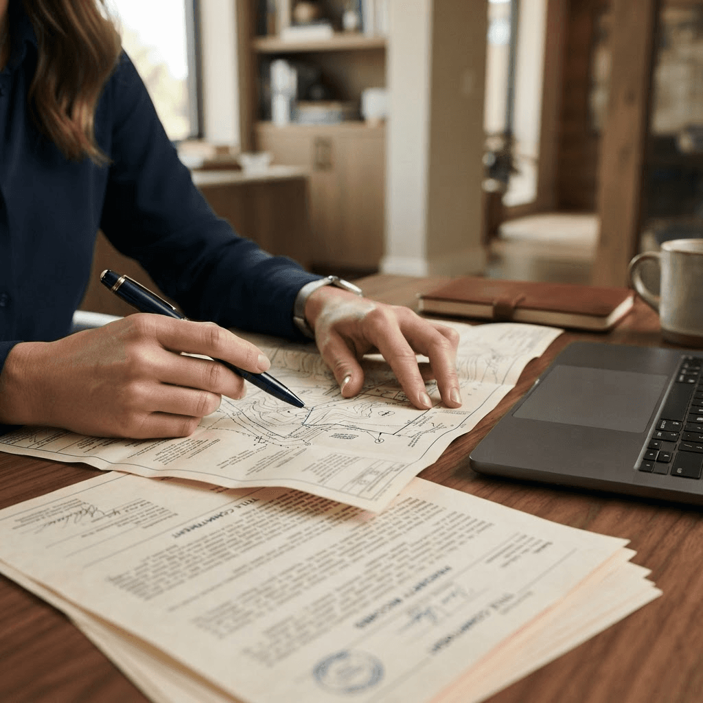 Hands reviewing title documents and a plat map