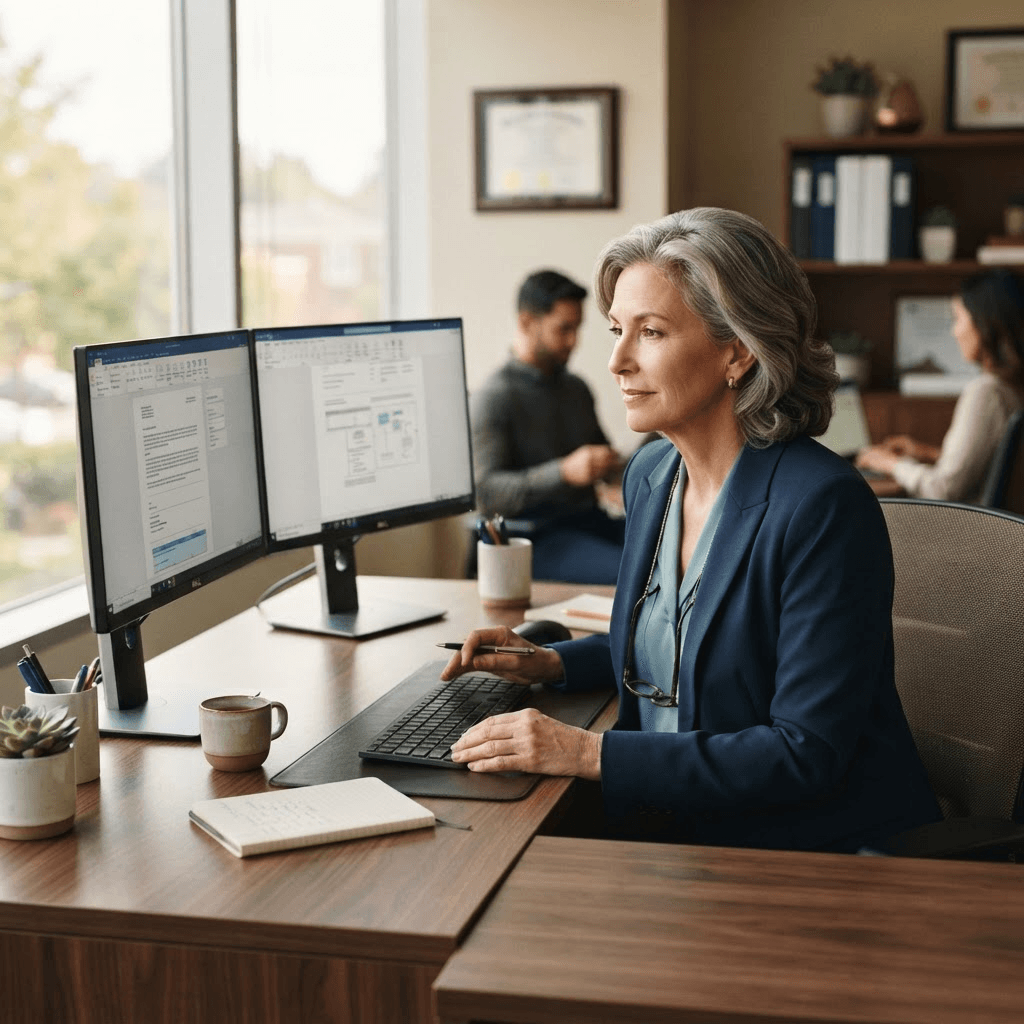A title officer reviewing an order at her desk